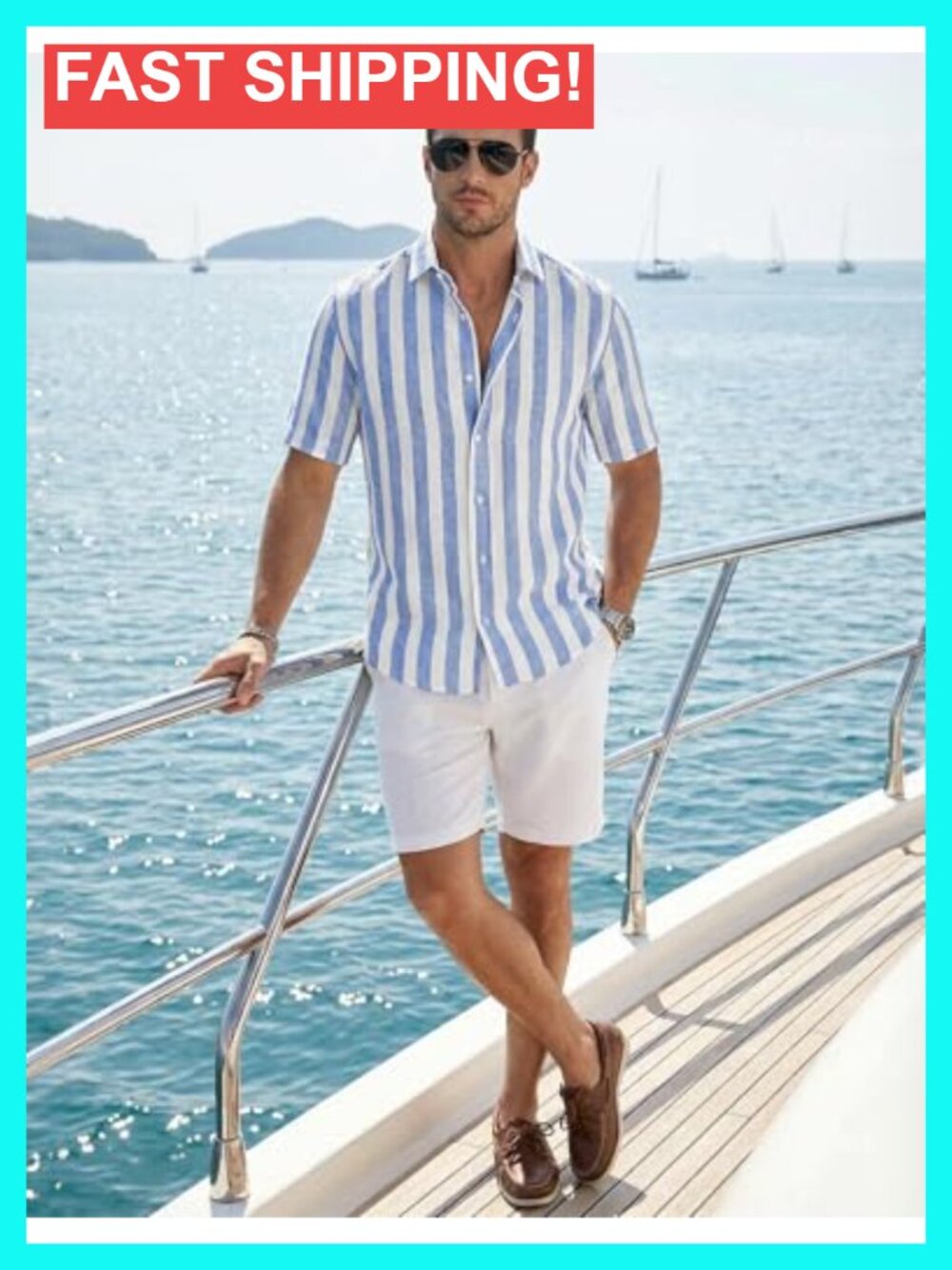Casual Short Sleeve Button-Up Striped Dress Shirt Cotton Blend Beach Shirt - Picture 4 of 6